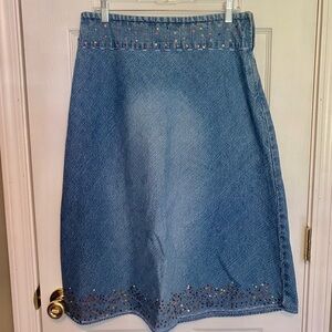 Vintage Studio West Sequined Embellished Blue Jean Denim Midi Skirt